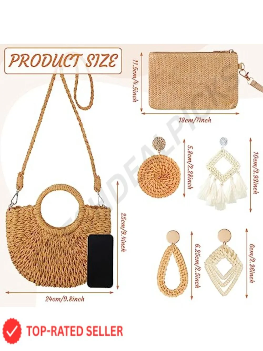 Straw Clutch Purse for Women with Rattan Earrings Set Boho Woven Handbag Summer